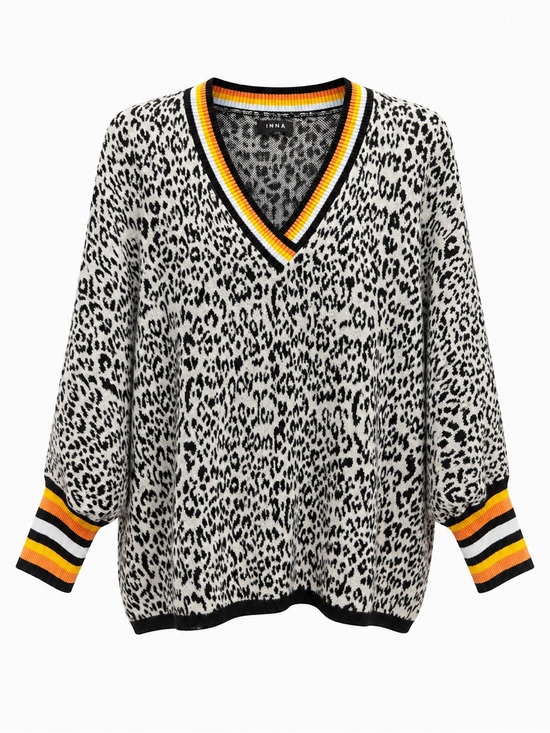J.Nna Sweaters - J.Nna Leopard-Print V-Neck Sweater with Yellow Stripe Trim